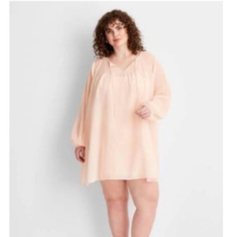 Future Collective Light Pink Balloon Long Sleeve BohoSheer Mini Dress Medium New
